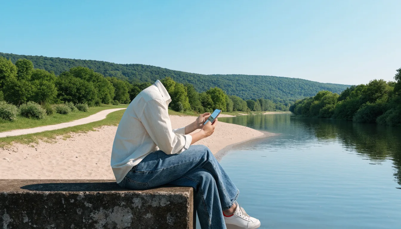 Osoba sprawdza na telefonie trasę przez park w stronę plaży nad rzeką