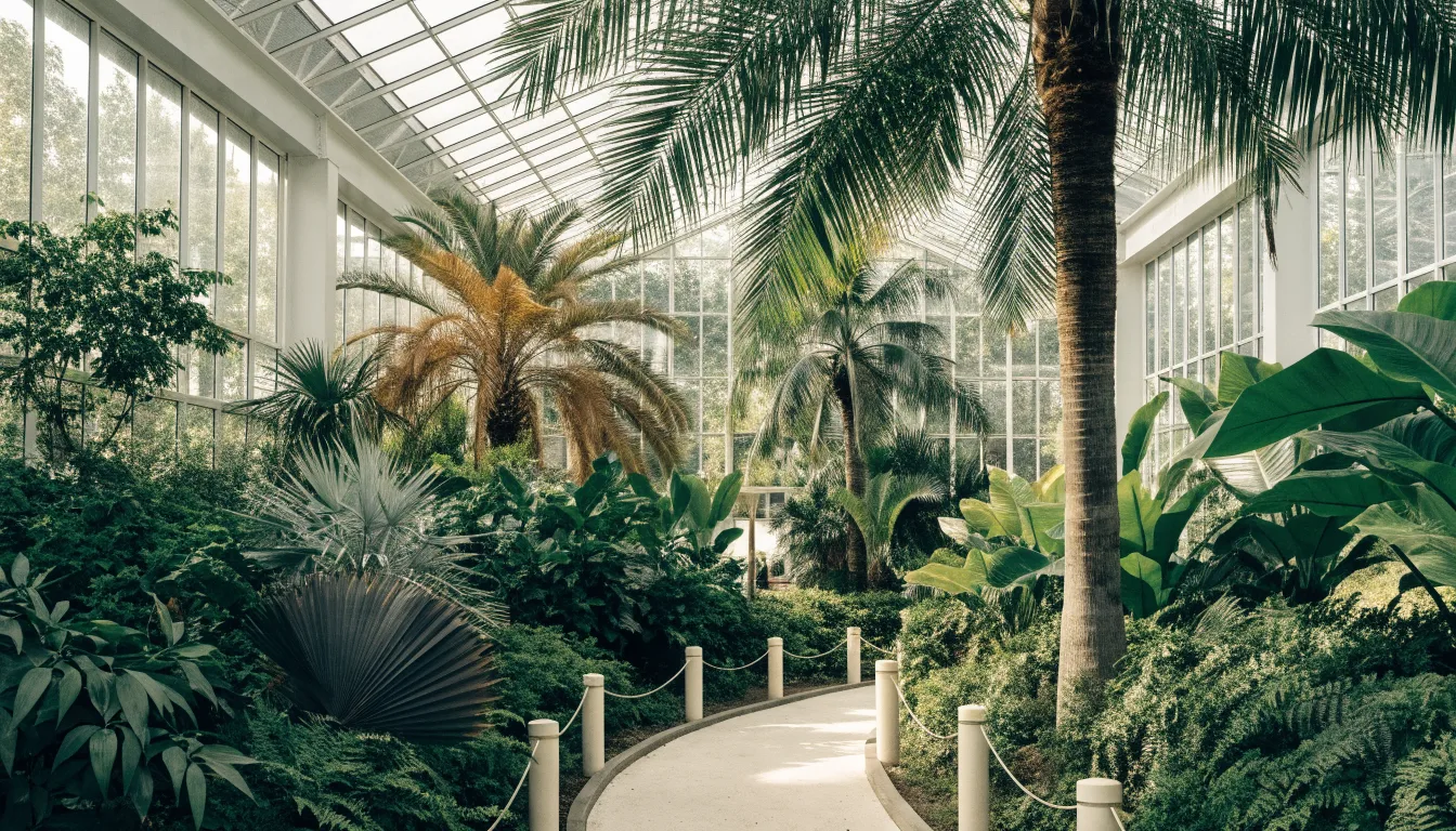 Rośliny tropikalne i subtropikalne w ogólnej ilustracji szklarni botanicznej