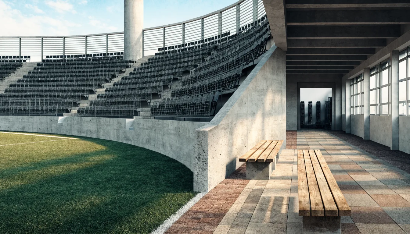 Trybuna i ławki rezerwowych na stadionie piłkarskim podczas zwiedzania
