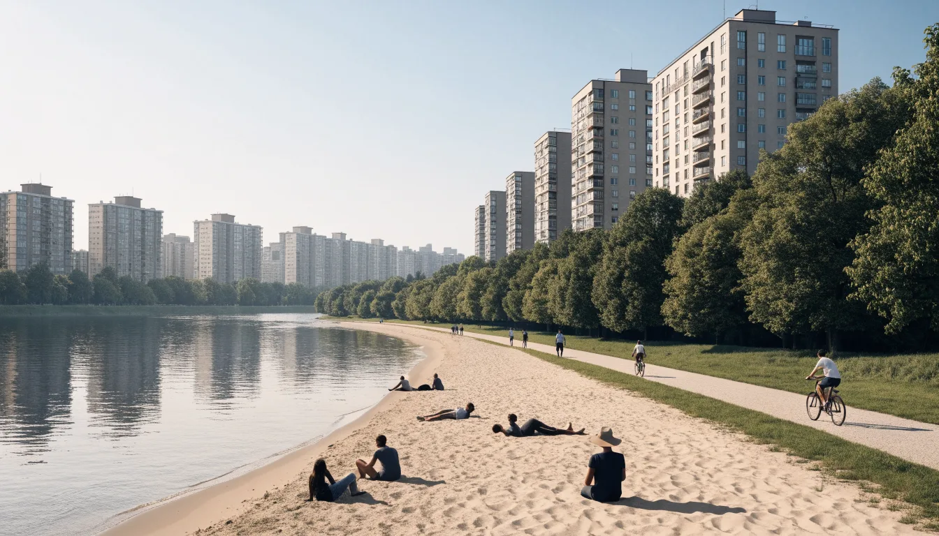Piaszczysty brzeg i ścieżka spacerowa nad miejską rzeką