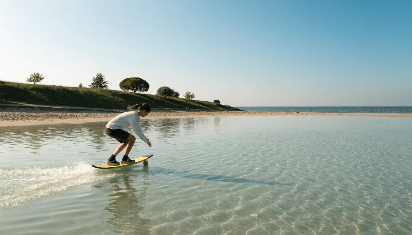 Osoba ćwicząca skimboarding na płytkiej tafli wody
