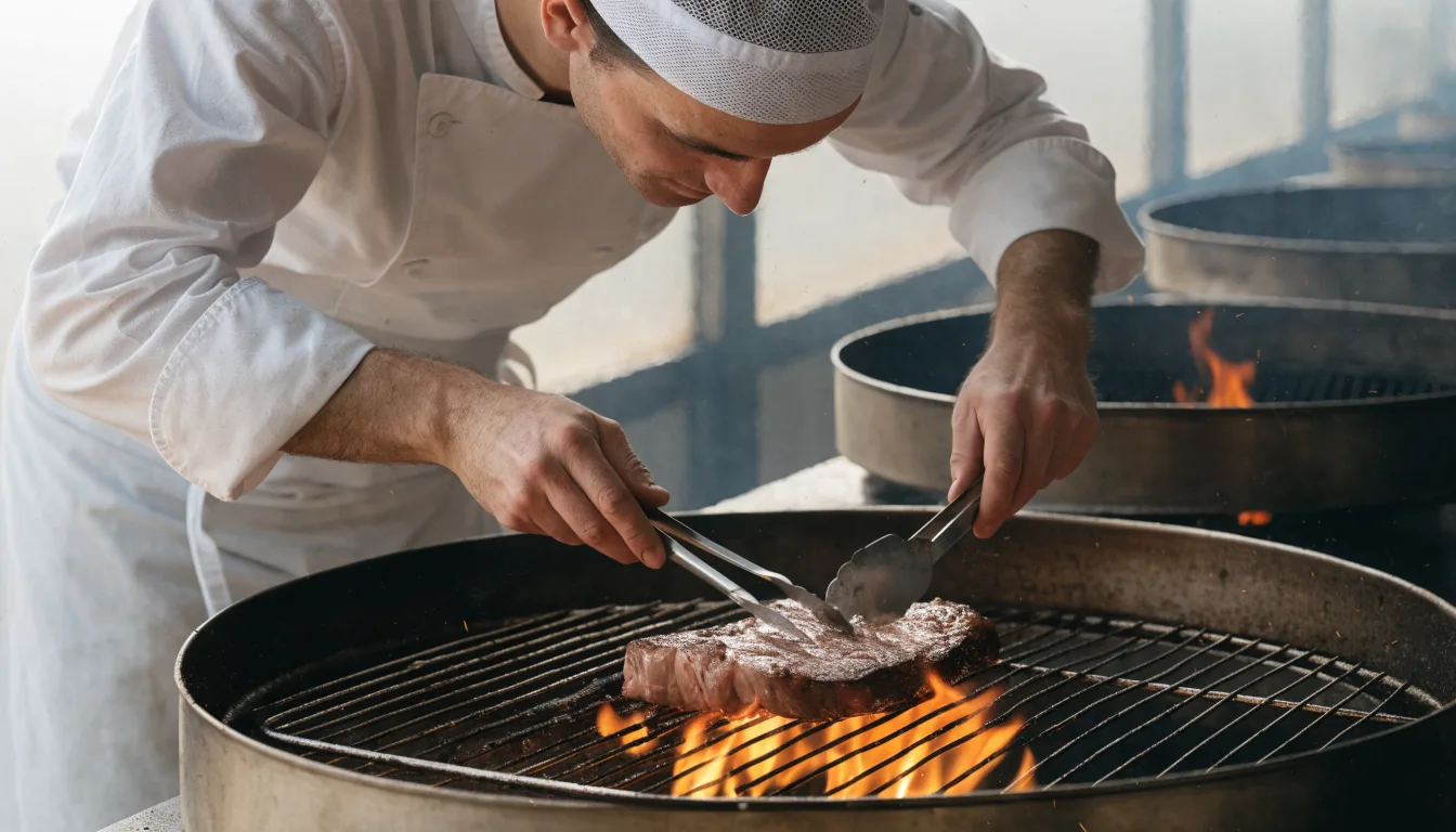 Kucharz przygotowuje stek na grillu nad żywym ogniem