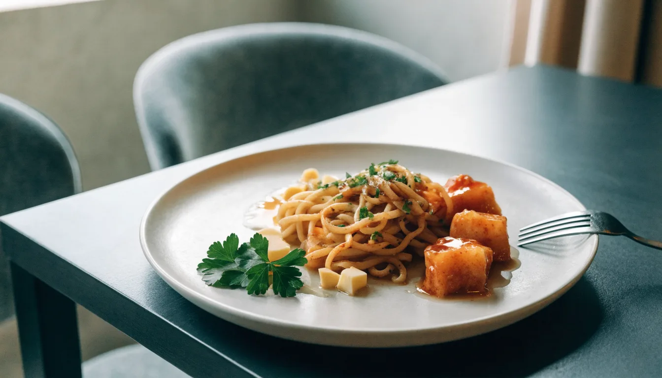 Makaron podany w restauracji jako przykład dania z menu