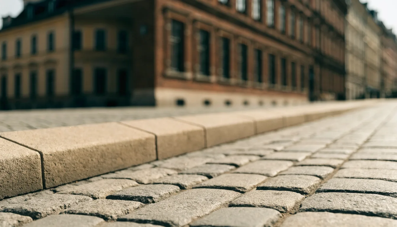Kamienny bruk i krawężnik przy miejskich kamienicach