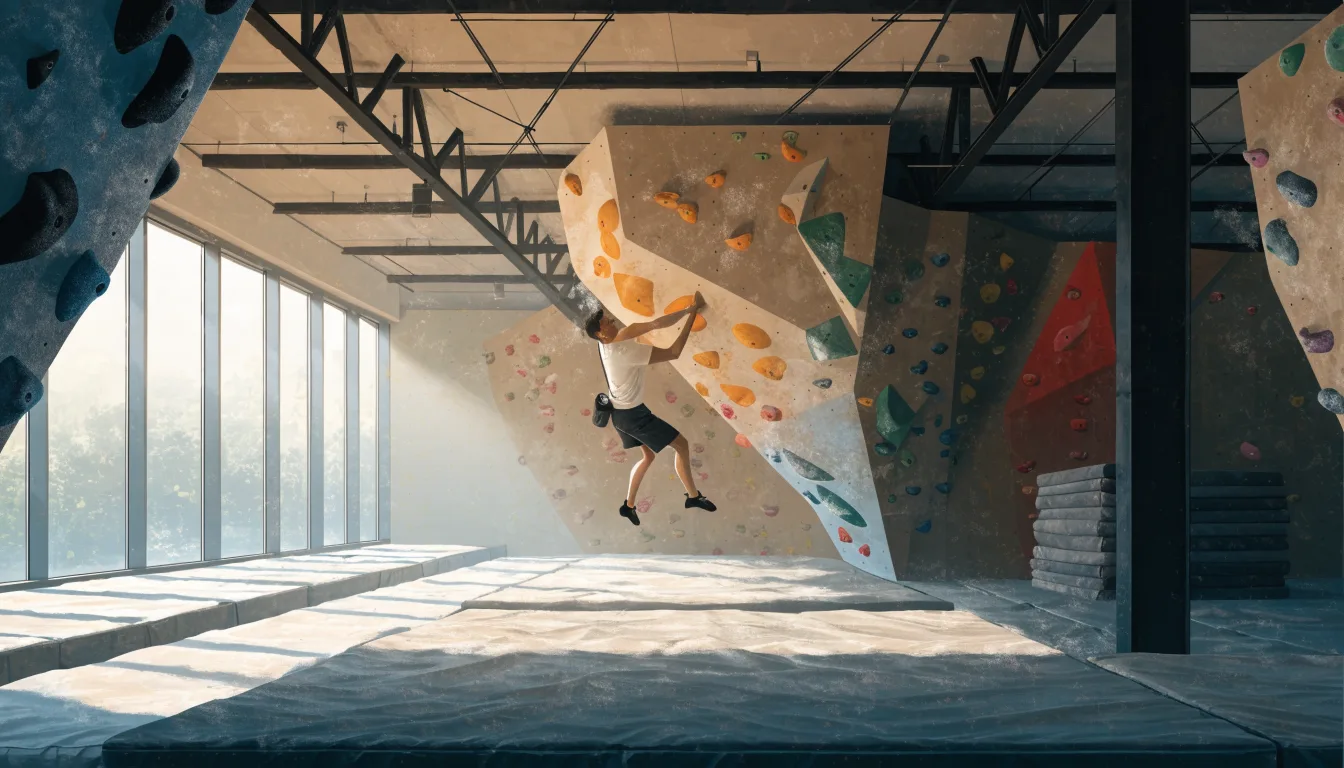 Wspinacz pokonuje niski boulder nad materacami w hali wspinaczkowej