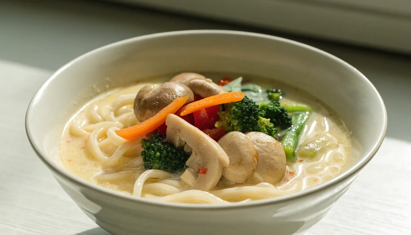 Roślinny ramen z grzybami i warzywami