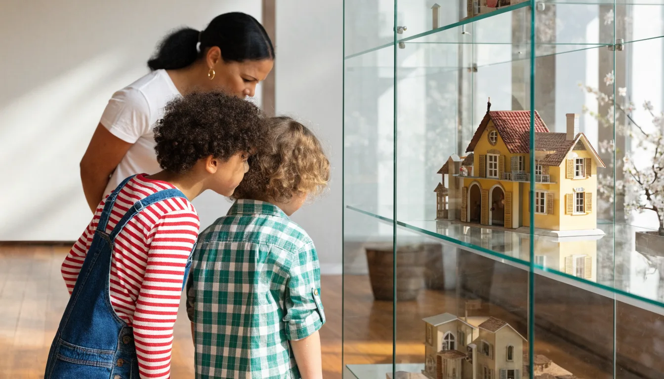Dzieci oglądają szczegółowy miniaturowy domek w gablocie